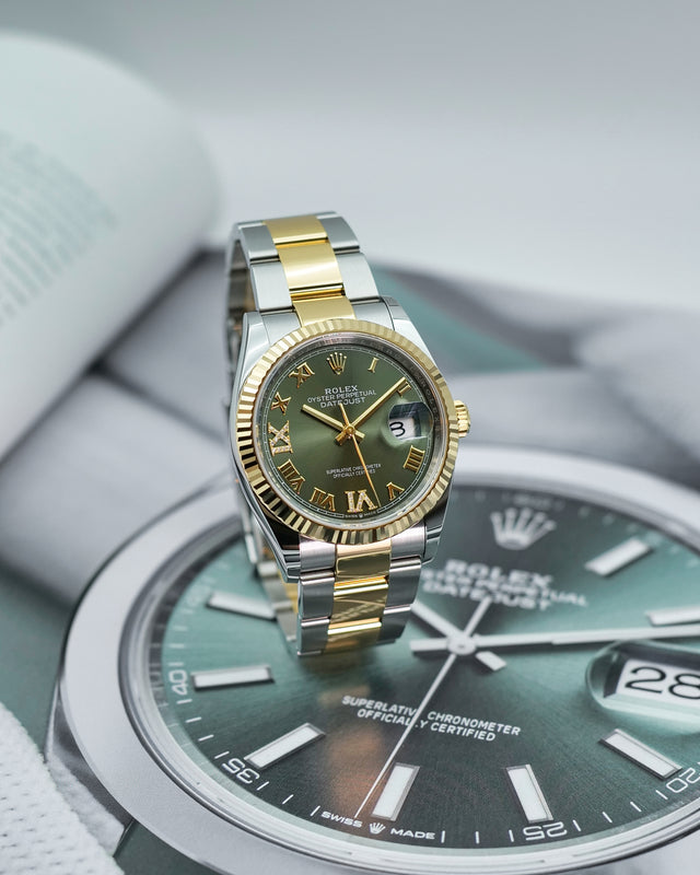 Rolex 126233 Datejust 18K/SS with Olive Green Roman Dial on Oyster